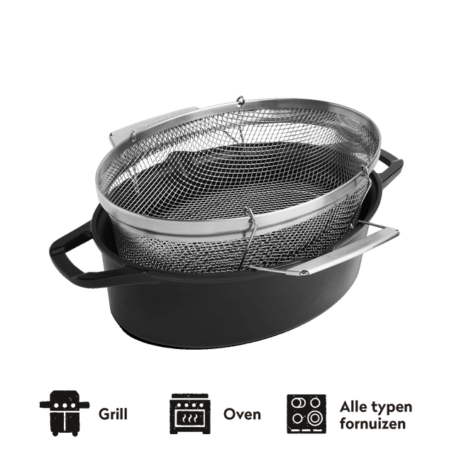 Gietijzeren braadpan met frituurmand