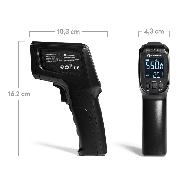 Infraroodthermometer met metingen tegen een witte achtergrond