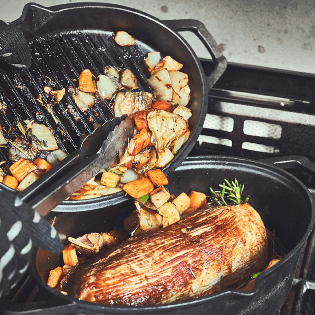 Gietijzeren braadpan met frituurmand