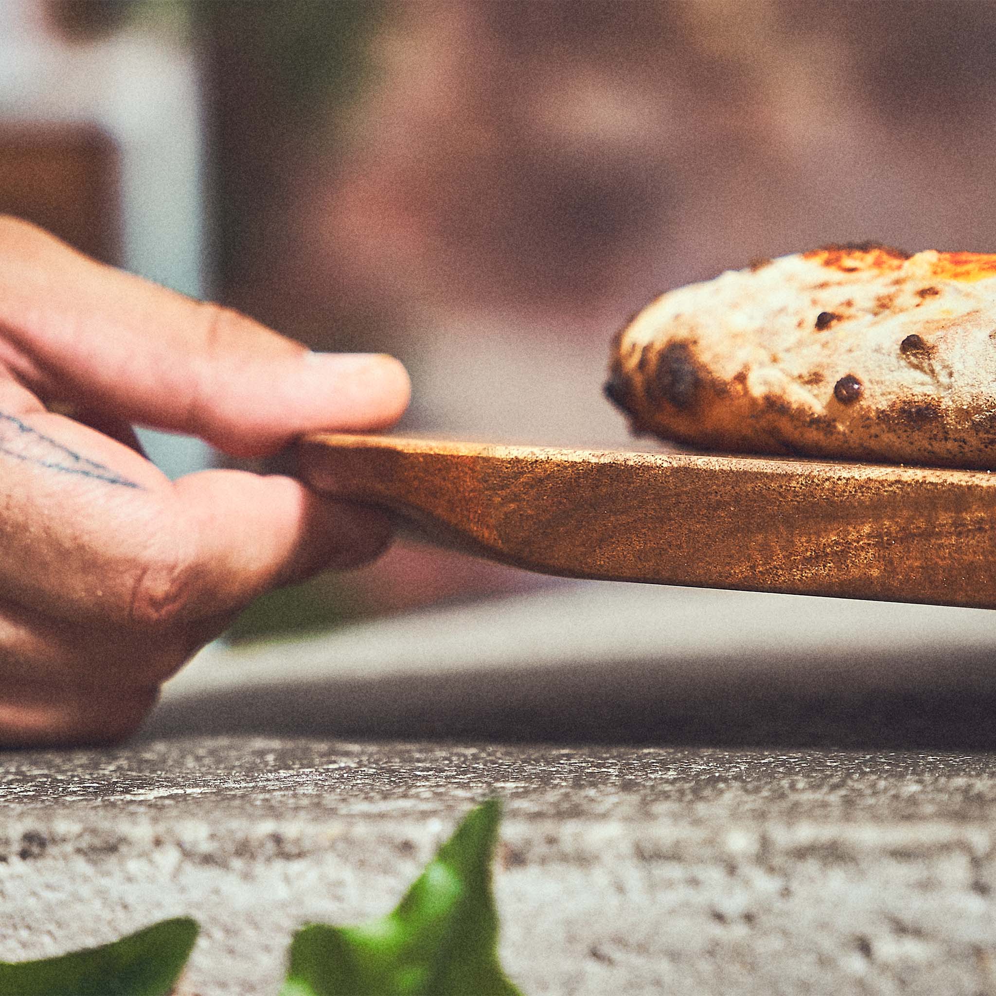 946411  Tafereel Pizzaschotel met gebakken pizza wordt opgetild